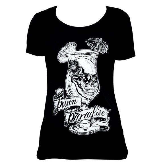 Poison Paradise Pina Colada Skull Tattoo Art Round Neck Black Tee NEW S-M-L-XL - Picture 1 of 4